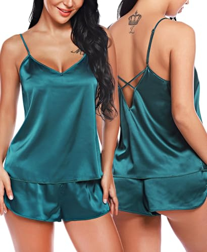 RSLOVE Women V Neck Satin Lingerie Pyjamas Set Sexy Cami and Shorts Set Nightwear