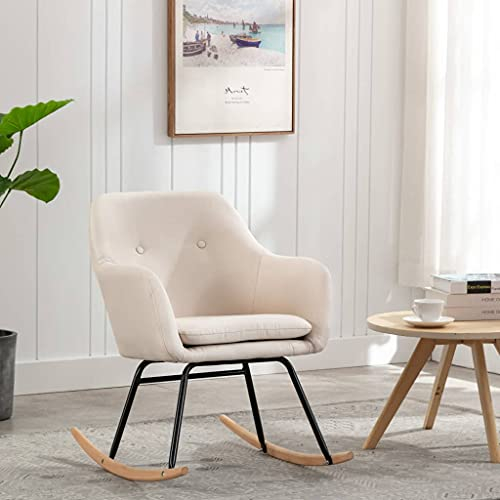 Modernen Design Stoff Schaukelstuhl mit Armlehnen und Kissen Relaxstuhl Sessel Schaukelsessel Schwingsessel Buchenholzbeine Pulverbeschichtetes