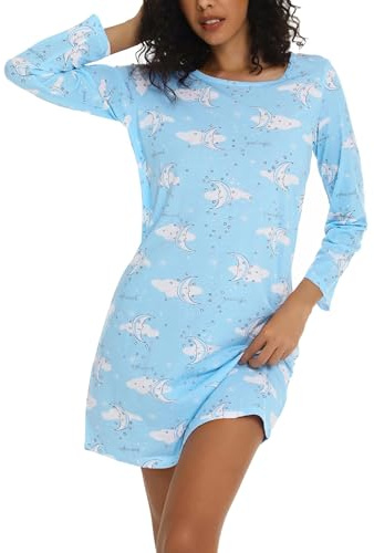 ENJOYNIGHT Womens Nightdresses Long Sleeve Nighties Cotton Nightshirt Soft Sleepwear Loungewear (Small,Moon)