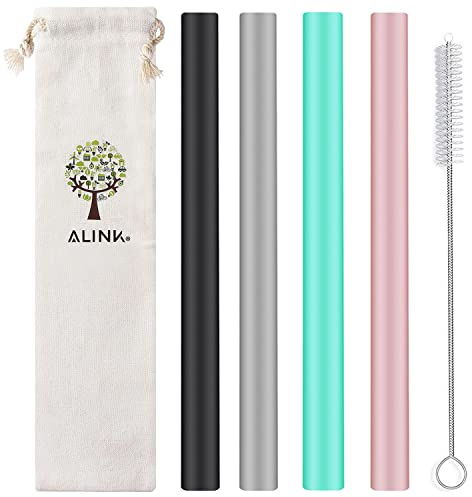 ALINK Reusable Silicone Boba Straws, Extra Large Bubble Tea Smoothie Straws for Popping Tapioca Pearl, Pack of 4 with Cleaning Brush and Case - 10 in x 14 mm - Black, Gray, Green, Pink