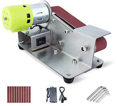Small Bench Belt Sander Mini Power Sander File Grinder with 10 Sanding Belts 30mm x 330mm Equipped with 7 Speed Adjustable Power Adapter