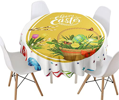 Highdi 3D Pâques Nappe Ronde Anti Tache, Nappes Rondes Impermeable Polyester Lavable Nappe de Table de Décoration pour Cuisine Picnic Jardin (Panier ?ufs Pâques,Diamètre 160cm)