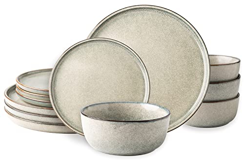 AmorArc Stoneware Dinnerware Sets for 4,Round Reactive Glaze Ceramics Plates and Bowls Set,Highly Scratch Resistant Dishware | Dishwasher & Microwave Safe Dishes Set,Service for 4 (12pc)