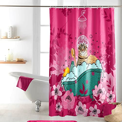 Sanixa U1801331 Duschvorhang Textil 200x180 cm Katze Pink Türkis wasserabweisend waschbar Badewannenvorhang Vorhang hochwertige Qualität mit Ringen Metallösen