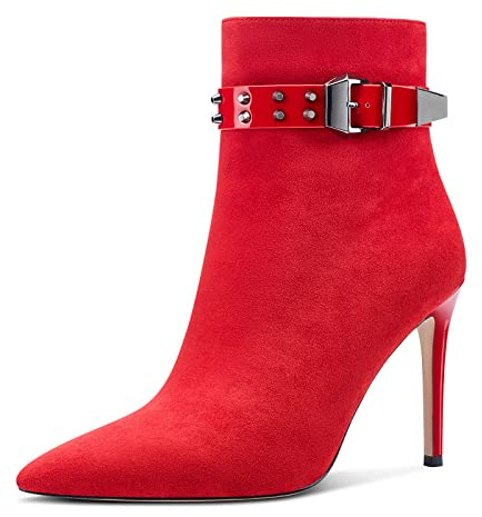 Aachcol Mujer Remache Botines Aguja Alto High Heel Puntiaguada Punta Cremallera Clásico 10 CM Rojo Ante 44 EU