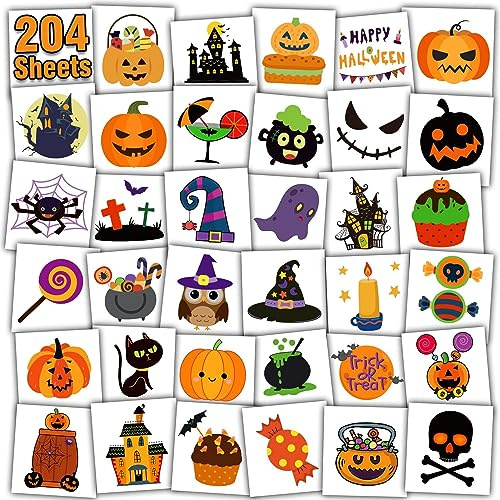 Leesgel Halloween Tatouage Enfant, 204 Feuilles lndividuel Tatouage Ephemere Stickers Enfant pour Halloween Decoration, Maquillage Halloween Pinata Anniversaire Enfant Jouet Petit Cadeau Fille Garcon