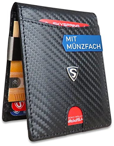 Geldbeutel Herren klein - Mini Geldbörse - Kleines Portemonnaie Herren - Slim Wallet Portmonee - Kreditkartenetui mit Scheinfach - Smart Wallet mit Münzfach - RFID-Schutz Kartenschieber (Carbon)
