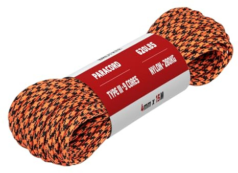 Brotree Paracord 4mm 15M 9 Strands 100% Nylon Rope Type III Parachute Cord | 280kg (620lbs) Breaking Load, used for Bracelets, Camping, Survival, Outdoor, Crafting, DIY