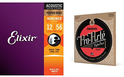 Elixir® 16077 Saiten Phosphor Bronze Akustik-Gitarrensaiten mit NANOWEB® Beschichtung, Light/Medium (.012-.056) & D'Addario Gitarrensaiten Konzertgitarre | EJ45 EJ44 Pro-Arte Nylonsaiten