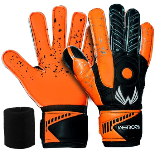 WEMORA Soccer Goalie Gloves Fingersave for Kids Youth Adults with 7.5MM Strong Grip Palm Flexible Finger Spines Goalkeeper Gloves (Orange, Size 4 Suitable for 6 to 9 Years Old, Ambidextrous)