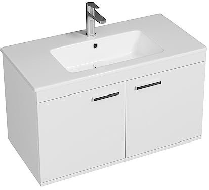 SANIVERRE RUBITE Meuble Salle de Bain Simple Vasque 2 Portes Blanc Largeur 90 cm