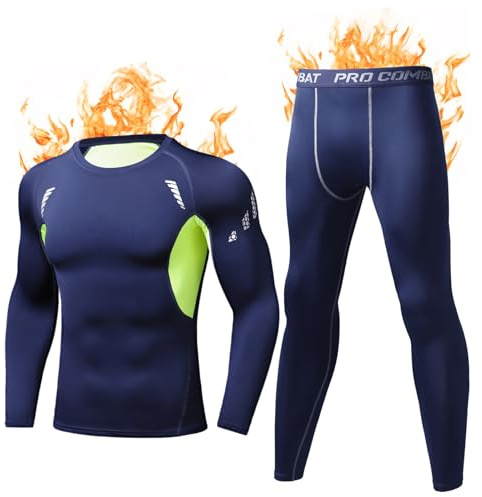 TereceyIntimo Termico Invernale Traspirante, Biancheria Termica Set Asciugatura Rapida, Completo Felpato, Compressione Uomo, per Sci Corsa - Blu Reale