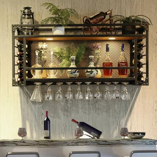 Weinregal Wand Metall Schwarz mit Weinglashalter Flaschenregal Schmal Wine Rack Weinschrank Weinflaschenhalter Barschrank Bar Regal Getränkeregal Mehrzweckregal für Esszimmer Home Bar Küche ( Color :