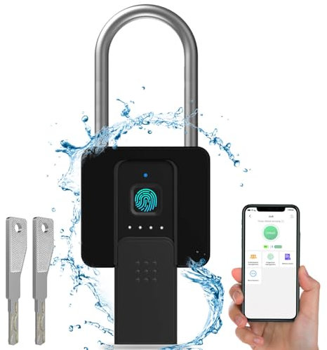 Anweller Fingerprint Padlock with Key Backup, Weatherproof Biometric Bluetooth App Controlled Keyless Smart Electronic Long Shackle Combination Lock for Outdoor Fence Gate Pool Shed Yard Gym Locker