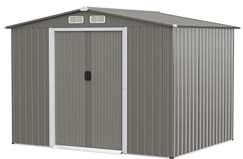 COSTWAY Casetta da Giardino 4,74㎡, Capanno da Esterno in Lamiera Acciaio Zincato Resistente alle Intemperie con 4 Feritoie, Doppie Porte e Rampa, 260 x 207 x 181 cm (Grigio chiaro)