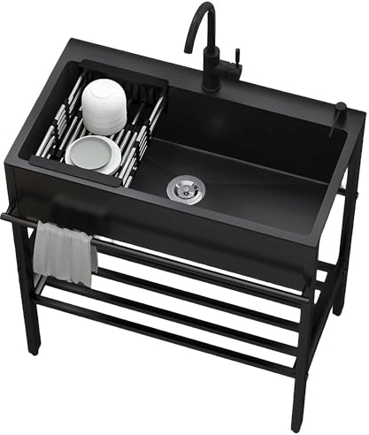 Outdoor Küche Spüle Schwarz, Edelstahl Waschbecken Ausgussbecken, Garten Waschbecken für Draußen mit Unterschrank und Armatur, Edelstahlspüle Freistehend für Waschküche(Size:68x45x86cm)