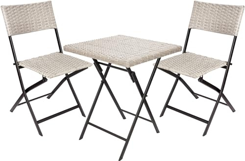 BRUBAKER Set de Balcon Lugano avec Table et 2 Chaises - Imperméable Pliable et Peu Encombrant - Set de Meubles de Balcon en Poly Rotin - Ensemble de Sièges pour Balcon Terrasse Jardin - Gris Beige