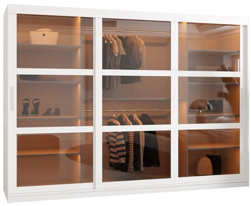 MEBLE KRYSPOL Dome Schrank mit DREI Schiebetüren mit Spiegel, Stangen und Regalen - Aufbewahrungsschrank mit Rauchglas für Schlafzimmer, Wohnzimmer - 200x250x62cm - Weiß, Weiß, Silber