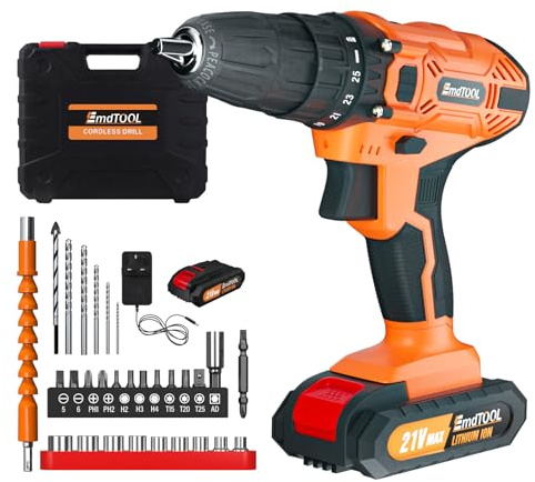21V Cordless Drill Set, Cordless Power Drill with 0-1400RPM Adjustable Speed, 25+1 Torque Cordless Drill Driver with Double Protection, LED Light & Powerful Electric Drill for Work (1 * 1500 mAh)