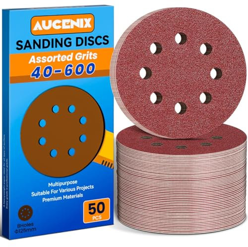 Aucenix 50PCS 125mm Sanding Discs: 8 Holes (40/60/80/120/150/180/240/320/400/600) Assorted Grits Sanding Pads - Hook and Loop Sandpaper Sheets for Random Orbital Sander for Wall Metal Wood