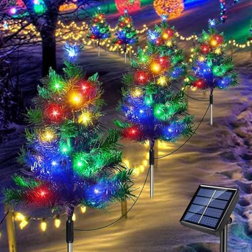 Solar Weihnachtsbaum,4 Stück Solar Weihnachtsbaum Gartenleuchten,Weihnachts Baum mit 80 LED Lichterketten,IP65 Wasserdicht Weihnachtsbeleuchtung Außen,für Weihnachten Advent Landschaft