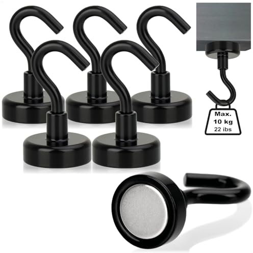 com-four® 5 Ganci magnetici al neodimio da 5 kg - Potente Magnete da Officina con Gancio 38 x 15 mm - per Cucina, Bagno, Garage o Ufficio - Gancio Appendiabiti con Magnete al neodimio