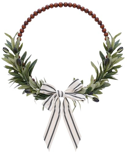 Wood Bead Olive Leaves Wreaths - 13 Inch Artificial Greenery Leaf Wreaths Farmhouse Rustic Boho Wall Hanging Decor for All Seasons for Natural Home Indoor Outdoor Bedroom Decoration