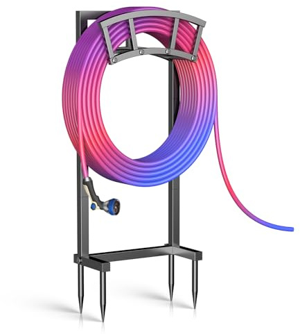Garden Hose Holder Freestanding, Outdoor Heavy Duty Water Hose Holder Reel with 4 Spikes Holds 150-ft Water Pipe, Detachable Metal Hose Storage Stand Hanger Rack for Outside Yard Lawn Farm, Black