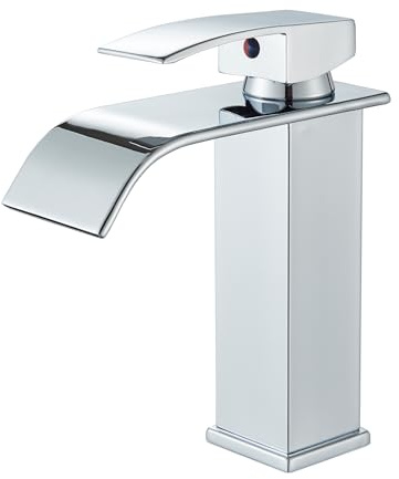 Hevenaov Waterfall Basin Mixer Taps, Chrome Stainless Steel Bathroom Faucets Waterfall with G1/2 UK Standard Hoses Single Lever Bathroom Sink Mixer Tap 1 Hole