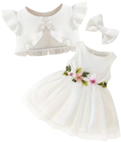 AIEOE Vestido de Princesa para Niña con Cardigan de Encaje, Conjunto de Vestido de Ceremonia, Tul+Jersey, para Bautizo, Fiestas, Navidad, 3 Meses-3 Años, Color blanco., 3-6 Meses