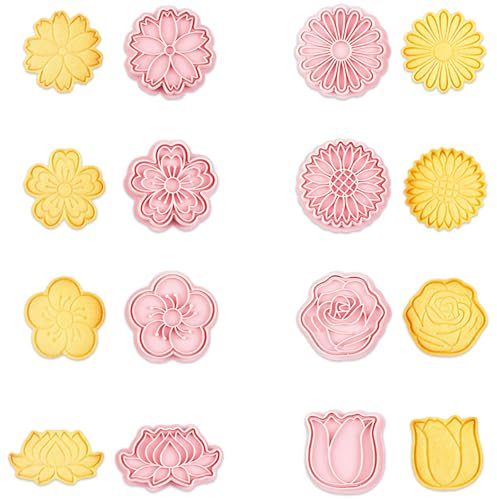 8PCS Flower Cookie Cutters Set, 3D Personalized Cookie Press, Mold Plastic Cookie Stampers with Cute Cartoon Shapes, Emboss Biscuit Cutters for Baking