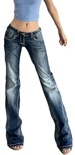 Sawmew Pantalones Vaqueros Elásticos de Tiro Bajo con Corte Acampanado para Mujer en Azul Retro Lavado Pantalones Largos Ajustados Vaqueros Acampanados Desgastados Y2K con Bolsillo(M)