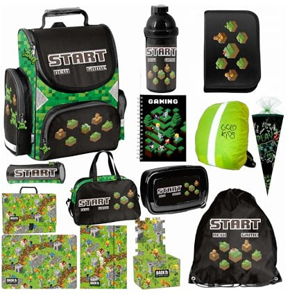 PASO - Schulranzen für Jungen und Mädchen, 15er-Set - Schul-Rucksack für Kinder mit Federmäppchen - Schuhbeutel Trinkflasche und Brotdose - Start Game Motiv- 1-3 Klasse