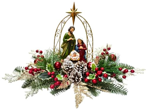 Lnymura Lighted Christmas Nativity Scene Decoration Nativity Figurines Scene for Xmas with Timer Gold Arch Pine Needles Red Berries and Red Bow for Xmas Holiday Decorations