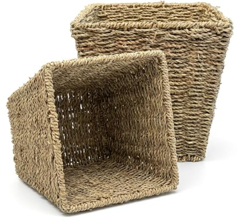 ARPAN Set of 2 Seagrass Waste Paper Bins – Stylish Wicker Bin Basket for Home, Office, Lounge or Bedroom | Square Woven Rattan Bin – Durable Small Wicker Waste Paper Baskets Ideal for Modern Interiors