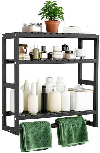 Zuxbolf Mensole Bagno a Parete in Legno di bambù con 3 Ripiani,Scaffale Bagno Salvaspazio a 3 Livelli in bambù da 43 x 42 x 15 cm per Soggiorno Balcone Cucina (Nero)