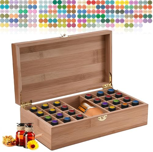 Olio EssenzialeZ Organizzatore,25 Slot Porta Oli Essenziali In LegnoZ Con Etichette,Scatola Di Olio Essenziale In Legno,Scatola Di Legno Viaggi Contenitori Per Smalto,Oli Profumati,Rossetto,Tinta