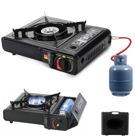 Fornello da campeggio a gas, doppio attacco Bombola GPL o cartuccia Gas Butano, con valigetta portatile, 1 fuoco, potenza 2.200W, fornello outdoor cucina per esterno