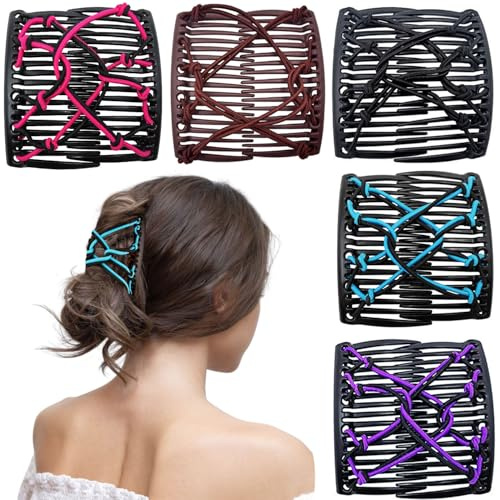 BellaBlend 5 Stück Magischer Haarkamm, dehnbarer Doppelkamm, elastisch, verstellbare Haarspangen für Frauen und Mädchen, Vintage-Frisur, Mehrzweck-Haarschmuck (schwarz, braun, lila, rosa, blau)