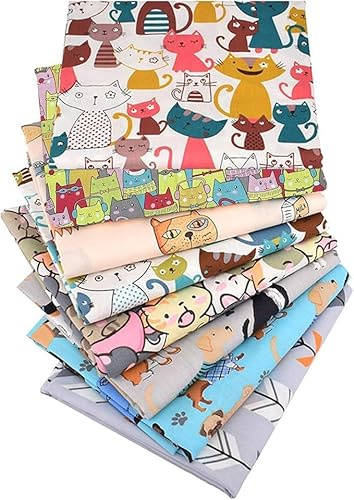 NEUJUS 8 Stück Baumwollstoff 50 x 50 cm Stoffpaket Cartoon Katze Nähen DIY | Dense 40s yarn cotton squares, breathable and colorfast for durable quilting and DIY projects