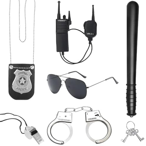 SGZIOO 6 Stück Polizei Zubehör Set, Polizei Kostüm Accessoires mit Handschellen, Polizeimarke, Brille, Walkie-Talkie, Pfeife, Baton für Fasching Cosplay Party Kostüm Dress Up