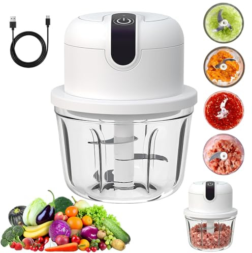 LOMUG Tritatutto da Cucina Elettrico, 350 ml Frullatore Mini Tritatutto Elettrico Ricaricabile USB Type-C Portatile, Tritacipolla Elettrico, Tritatutto per Aglio per Cipolle Carne Verdure Frutta Noci