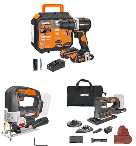PACK WORX Perceuse visseuse sans fil 20V 60Nm WX102 + Scie sauteuse WX543.9 + Ponceuse multifonction 5 en 1 WX820.9, livrée avec 2 batteries 2Ah et chargeur rapide