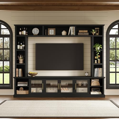Merax 95 Entertainment Center for TVs up to 80, All-in-One TV Stand with Bookshelves & Storage Cabinets & Tempered Glass Doors & Adjustable Shelves, Modern Living Room Wall Unit Media Console, Black