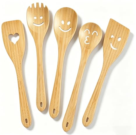 Lustige Holzlöffel mit Gesicht Motiv – Witzige Holz Kochutensilien Set Bio-Bambus Smiley Kochlöffel Pfannenwender Niedliche Smile Küchenhelfer Kochset Herz Geschenke für Frauen oder Männer