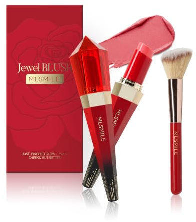 MLSMILE Jewel Blush Bâton de Fard à Joues Crème avec Pinceau | 6 Nuances Fini Naturel et Lumineux, Longue Tenue (02#Aube limpide)