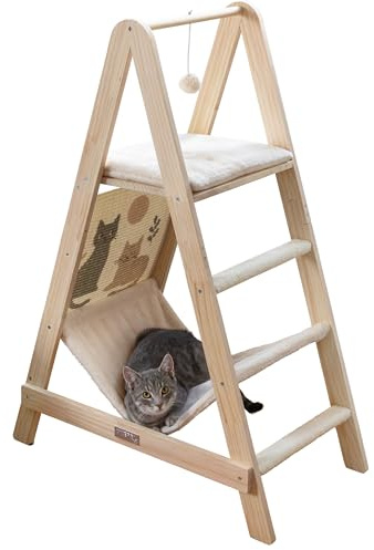 Kerbl Pet Kletterturm Ladder, Katzenkratzbaum, Massivholz, weicher Plüsch, beige, Höhe 104 cm, Zwei Liegeflächen, mit Hängematte, Sisalkratzfläche, Hängespielball, Wandbefestigung | Beige, 104 cm hoch, Massivholz mit Plüsch, zwei Liegeflächen, Hängematte, Sisalkratzfläche und Wandbefestigung