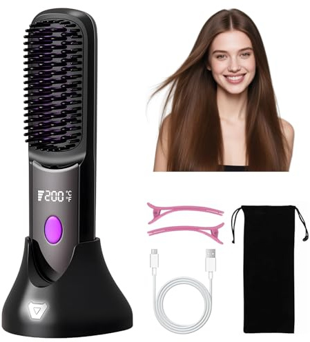 Unipampa Spazzola Lisciante per Capelli, Spazzola Lisciante Senza Fili, Piastra Lisciante Ioni, 160℃-200℃, Riscaldamento Rapido, Display LCD, Ricaricabile, Anti-Scottatura, per Casa, Viaggio