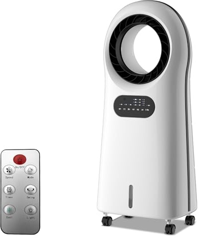 XOQUAI Ventilador sin Aspas,Ventilador Silencioso con Mando,3 Velocidades, Luz Ambiental 6 colores, Oscilación 360° y Temporizador. Ventilador Humidificador con Purificación por Iones Negativos