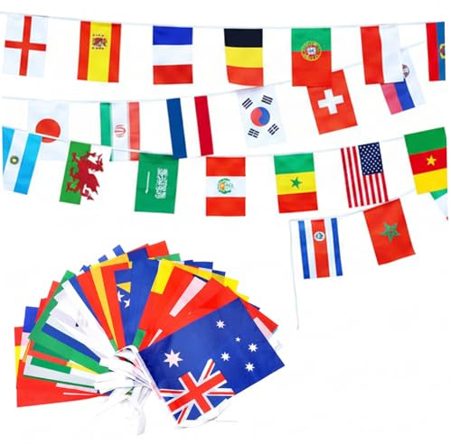 Drapeaux du monde, guirlande de bannières de drapeaux du monde – 32 pays uniques, ficelle en polyester 14 x 21 cm pour les décorations fête, les bars sportifs et les célébrations des fans